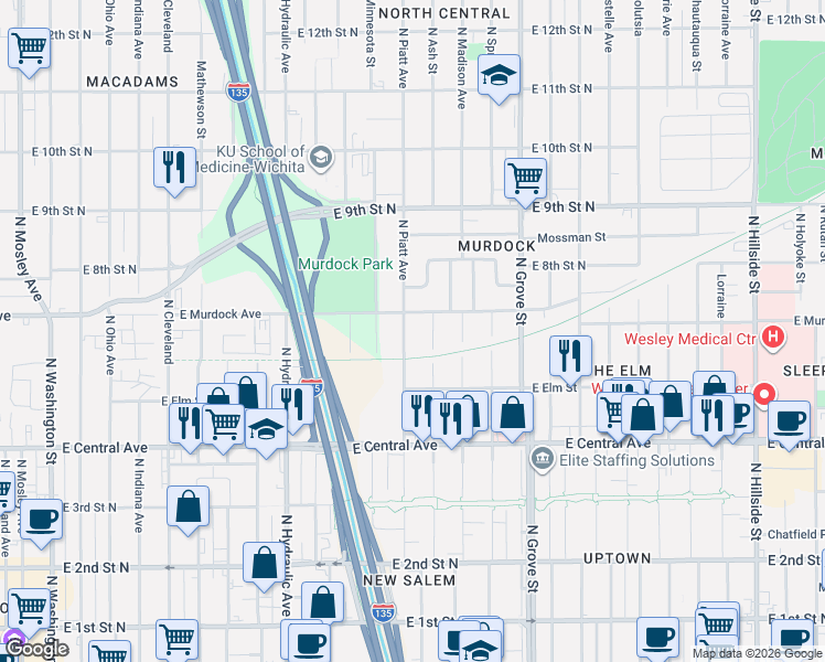map of restaurants, bars, coffee shops, grocery stores, and more near 706 N Piatt Ave in Wichita