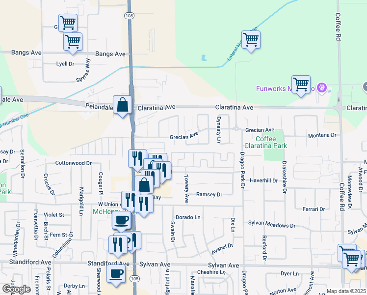 map of restaurants, bars, coffee shops, grocery stores, and more near 400 Collection Street in Modesto