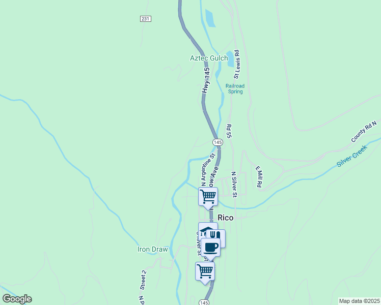 map of restaurants, bars, coffee shops, grocery stores, and more near County Road 54 7/10 in Rico