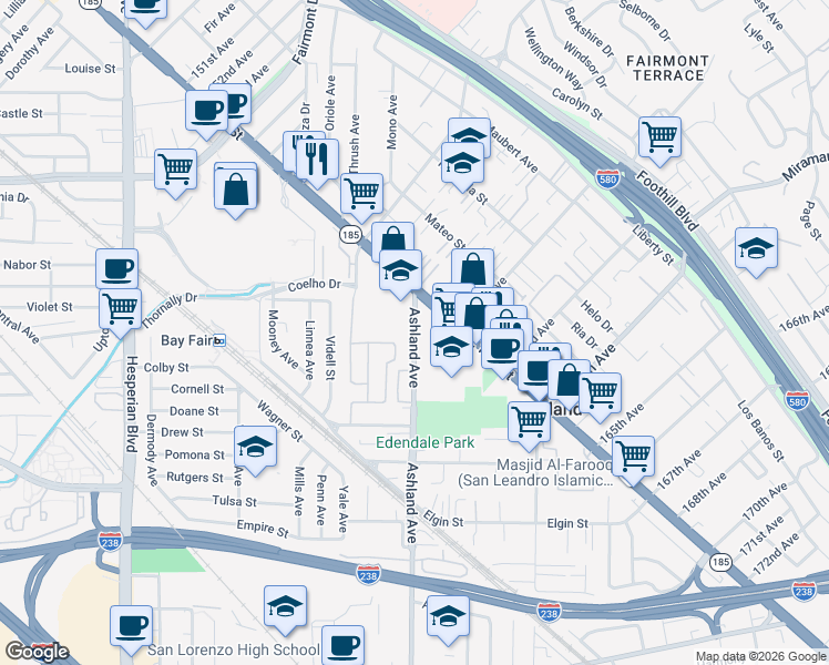 map of restaurants, bars, coffee shops, grocery stores, and more near 16090 Silverleaf Drive in San Lorenzo