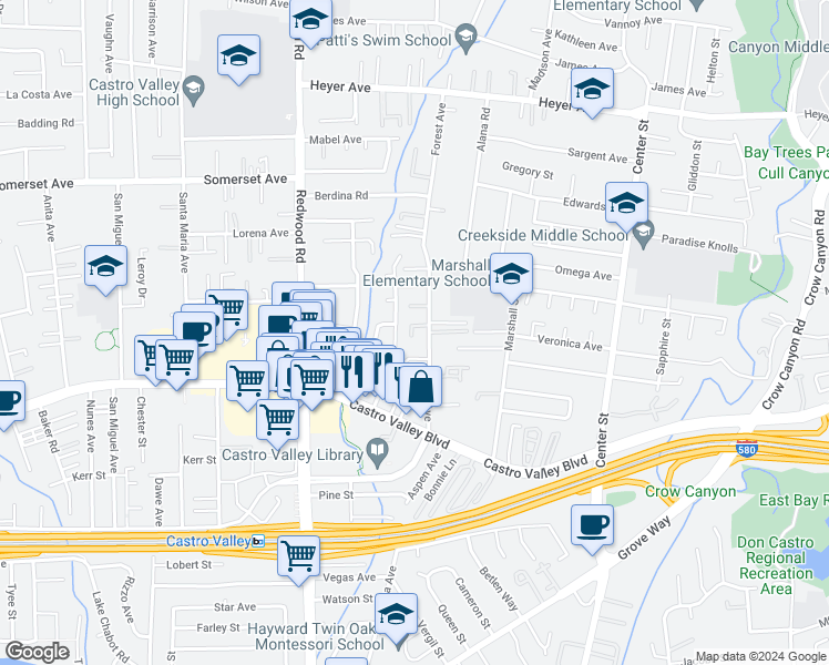map of restaurants, bars, coffee shops, grocery stores, and more near 3982 Clara Lee Lane in Castro Valley