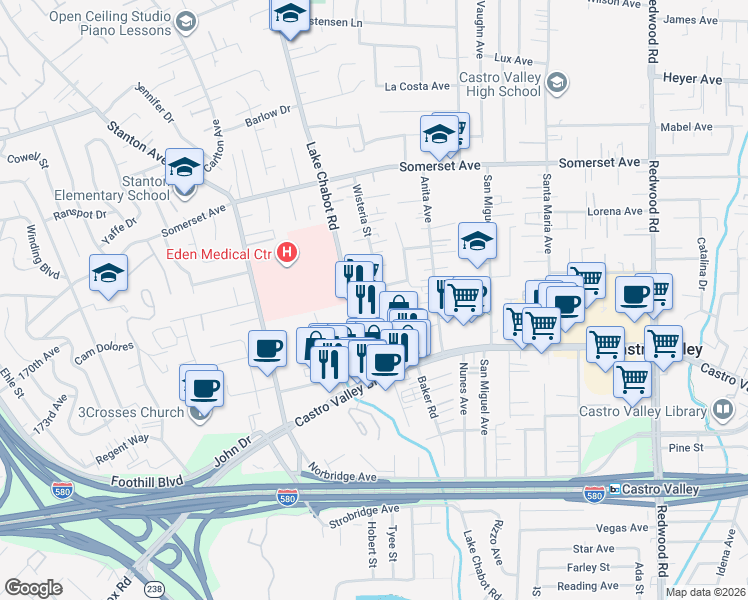 map of restaurants, bars, coffee shops, grocery stores, and more near 20398 Lake Chabot Road in Castro Valley
