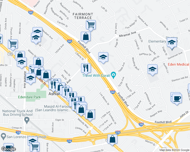 map of restaurants, bars, coffee shops, grocery stores, and more near 1676 165th Avenue in San Leandro