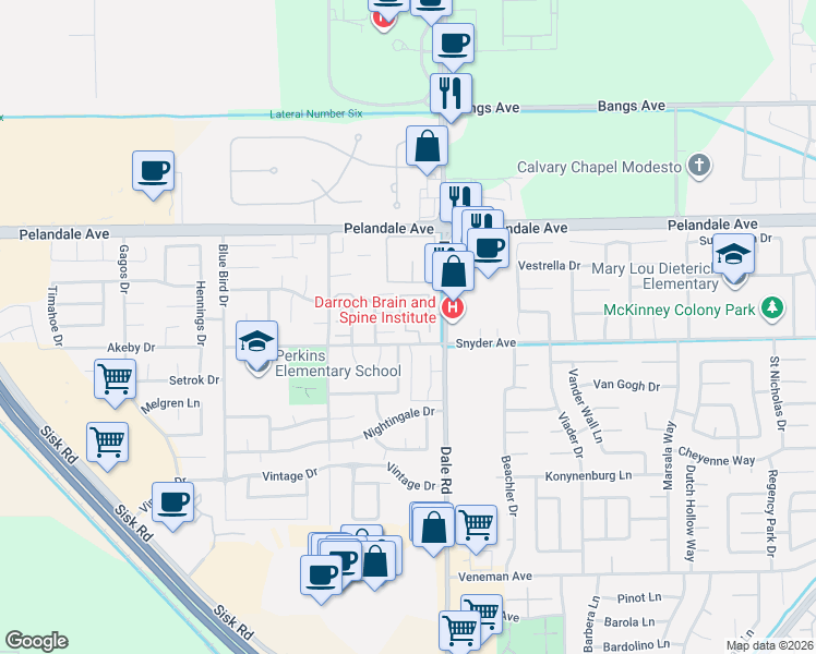 map of restaurants, bars, coffee shops, grocery stores, and more near 3020 Snyder Avenue in Modesto