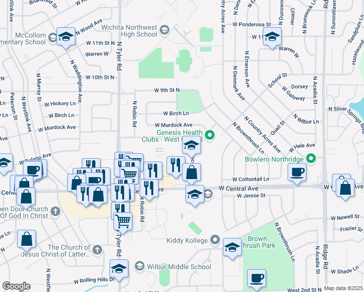 map of restaurants, bars, coffee shops, grocery stores, and more near 853 North Socora Street in Wichita
