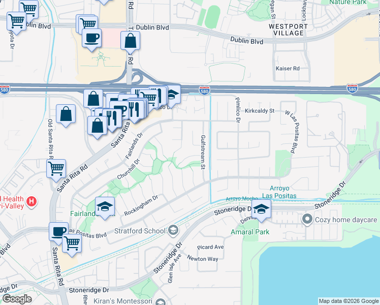 map of restaurants, bars, coffee shops, grocery stores, and more near 3735 Oak Brook Court in Pleasanton