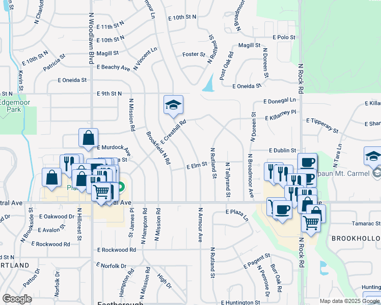 map of restaurants, bars, coffee shops, grocery stores, and more near 606 North Stratford Lane in Wichita