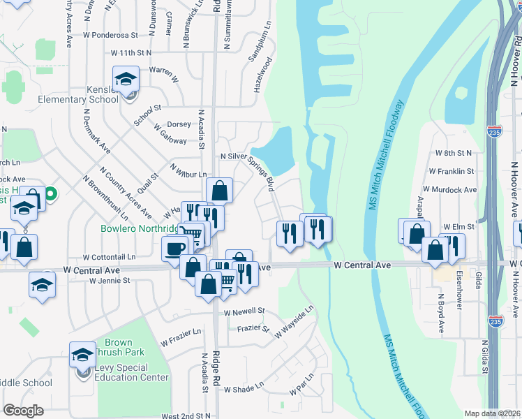 map of restaurants, bars, coffee shops, grocery stores, and more near 777 North Silver Springs Boulevard in Wichita