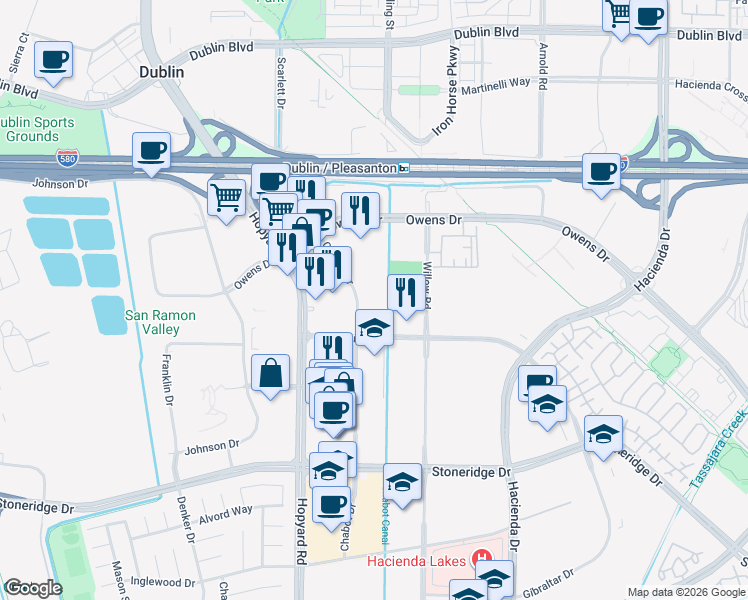 map of restaurants, bars, coffee shops, grocery stores, and more near 6001 Gibraltar Drive in Pleasanton