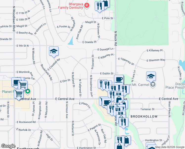 map of restaurants, bars, coffee shops, grocery stores, and more near 584 North Broadmoor Court in Wichita
