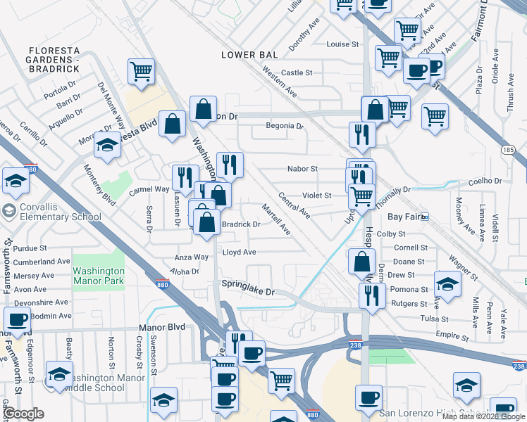 map of restaurants, bars, coffee shops, grocery stores, and more near 14765 Martell Avenue in San Leandro