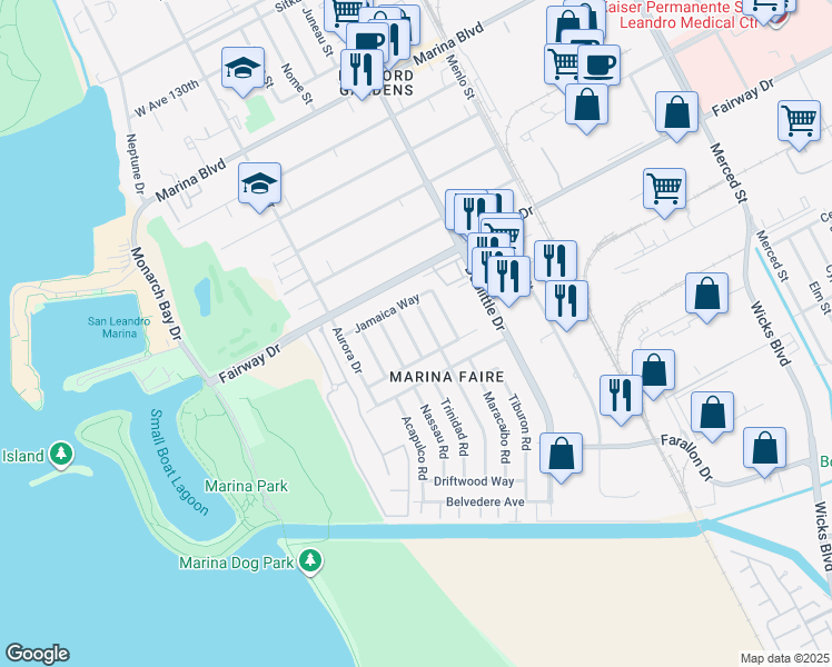 map of restaurants, bars, coffee shops, grocery stores, and more near 2370 Fiji Way in San Leandro