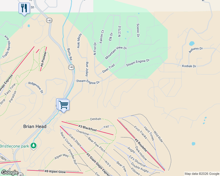 map of restaurants, bars, coffee shops, grocery stores, and more near 123 Ponderosa Drive in Brian Head