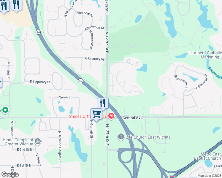 map of restaurants, bars, coffee shops, grocery stores, and more near 649 Crestridge Court in Wichita