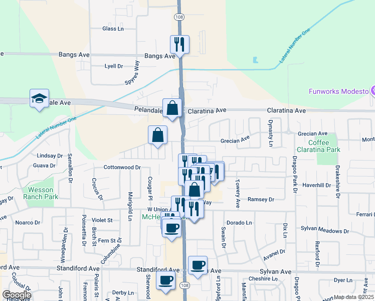 map of restaurants, bars, coffee shops, grocery stores, and more near 4024 McHenry Avenue in Modesto