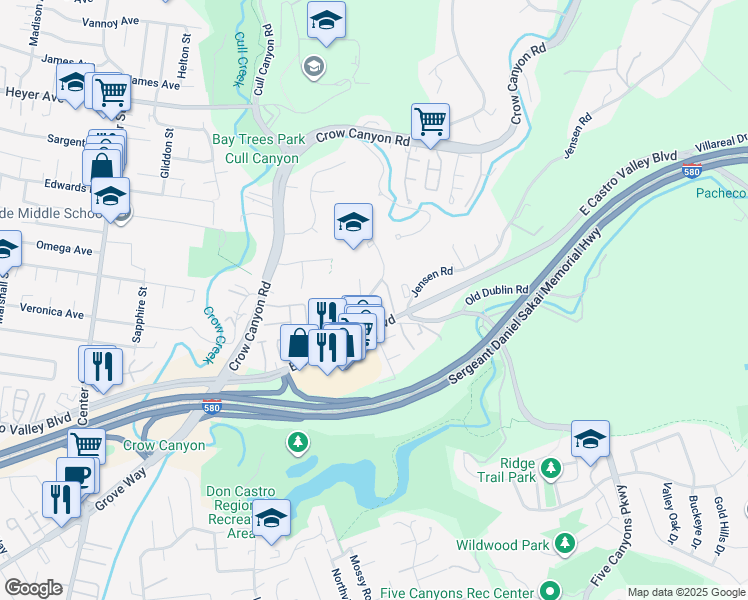 map of restaurants, bars, coffee shops, grocery stores, and more near 21798 Independent School Road in Castro Valley