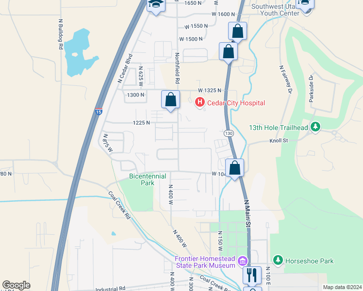 map of restaurants, bars, coffee shops, grocery stores, and more near 398 West 1100 North in Cedar City