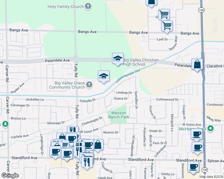 map of restaurants, bars, coffee shops, grocery stores, and more near 944 Palmilla Drive in Modesto