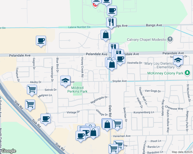 map of restaurants, bars, coffee shops, grocery stores, and more near 3020 Snyder Avenue in Modesto