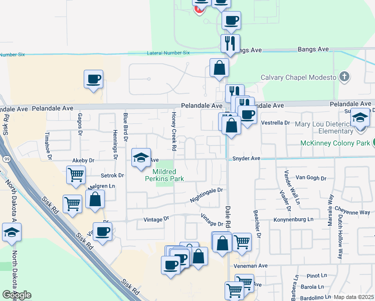 map of restaurants, bars, coffee shops, grocery stores, and more near 3104 Snyder Avenue in Modesto