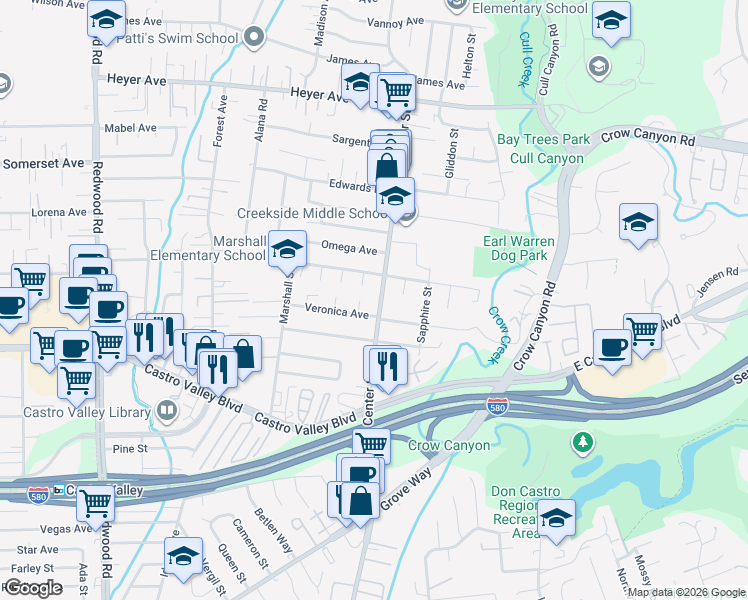 map of restaurants, bars, coffee shops, grocery stores, and more near 4233 Veronica Avenue in Castro Valley