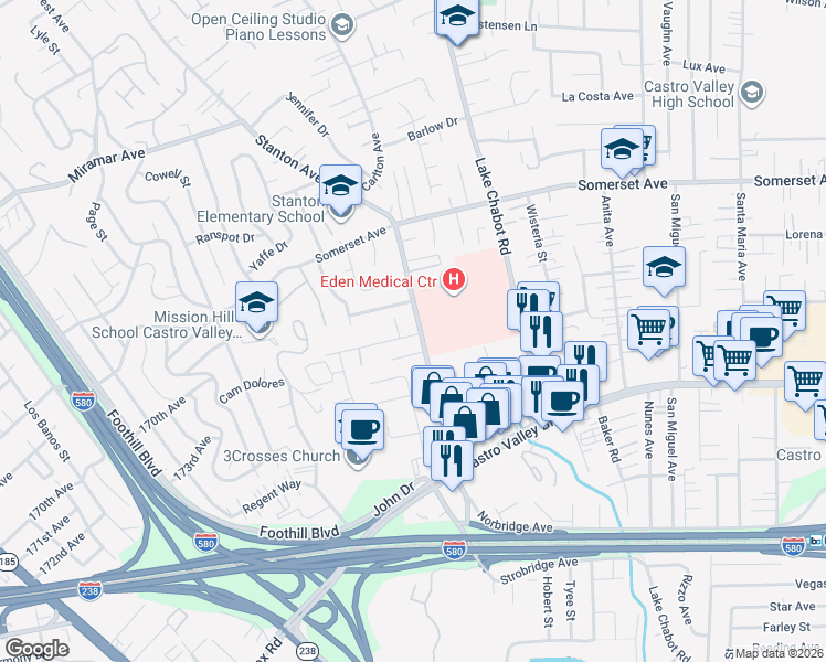 map of restaurants, bars, coffee shops, grocery stores, and more near 2598 La Don Court in Castro Valley