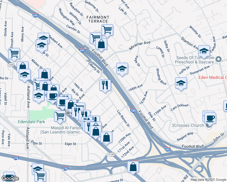 map of restaurants, bars, coffee shops, grocery stores, and more near 16510 Los Banos Street in San Leandro