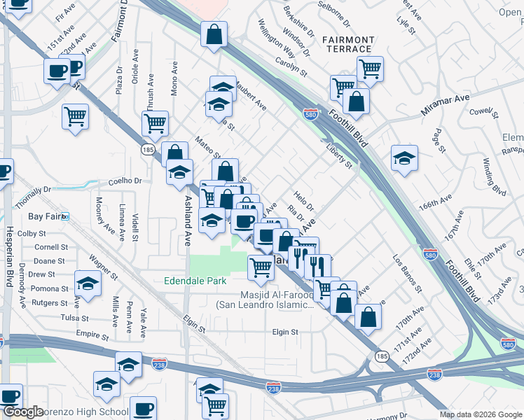 map of restaurants, bars, coffee shops, grocery stores, and more near 1421 163rd Avenue in San Leandro