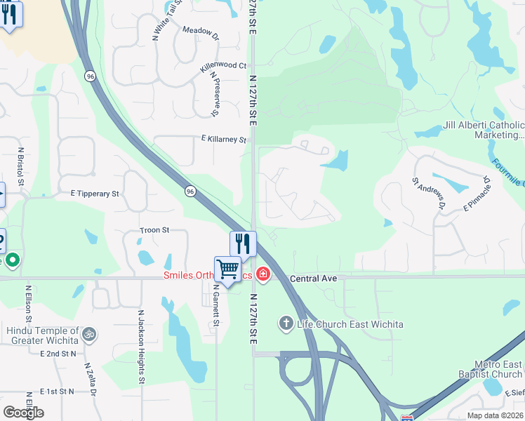 map of restaurants, bars, coffee shops, grocery stores, and more near 649 Crestridge Court in Wichita