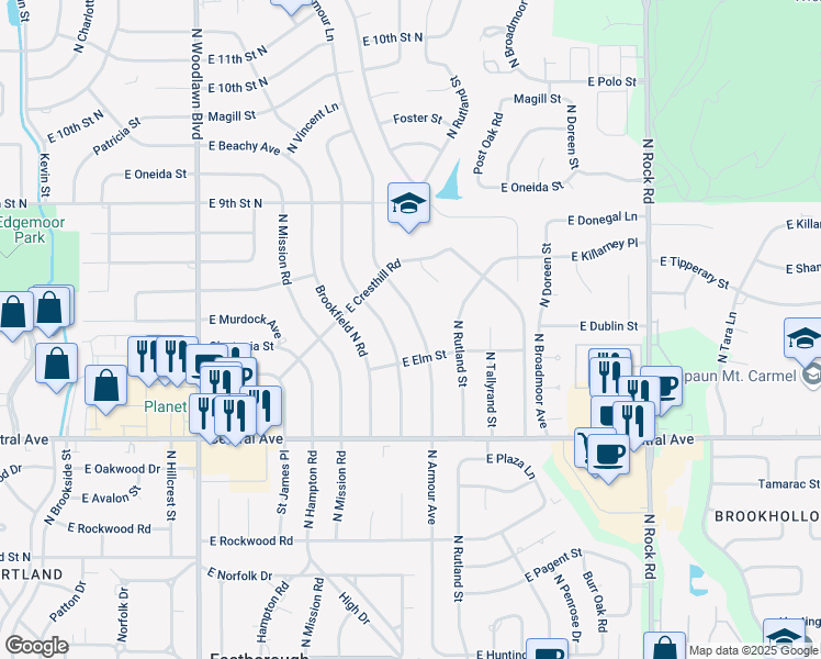 map of restaurants, bars, coffee shops, grocery stores, and more near 606 North Stratford Lane in Wichita