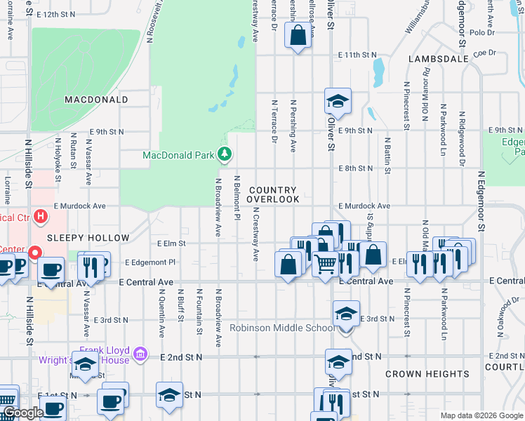 map of restaurants, bars, coffee shops, grocery stores, and more near 627 North Crestway Street in Wichita