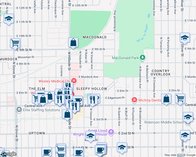 map of restaurants, bars, coffee shops, grocery stores, and more near 3424 East Pine Street in Wichita