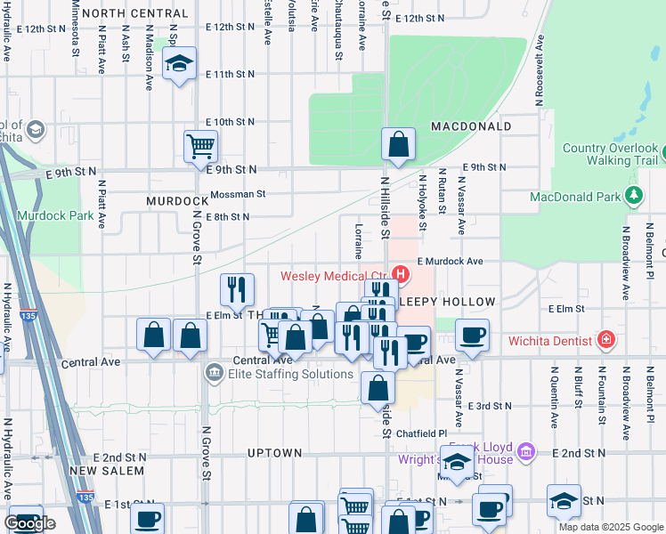 map of restaurants, bars, coffee shops, grocery stores, and more near 638 North Erie Street in Wichita