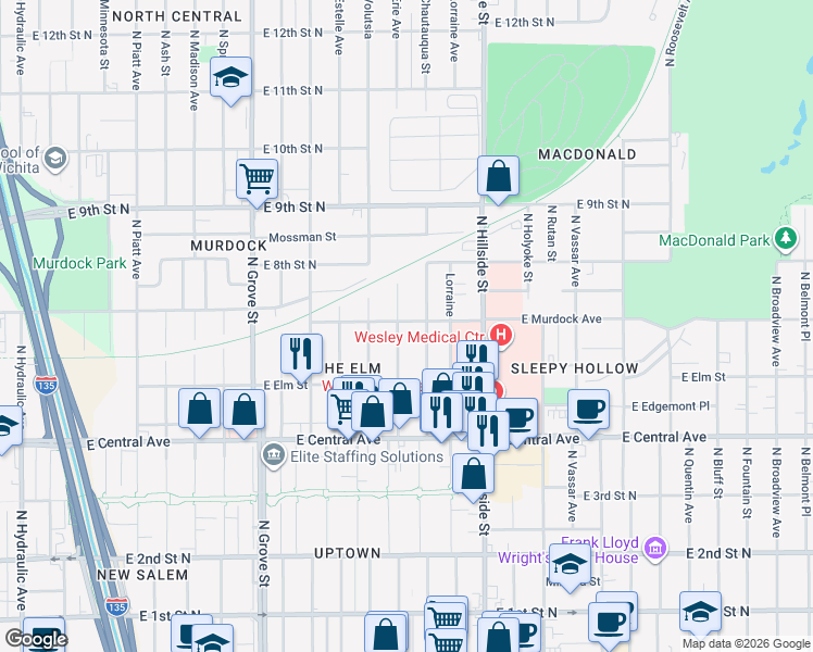 map of restaurants, bars, coffee shops, grocery stores, and more near 638 North Erie Street in Wichita