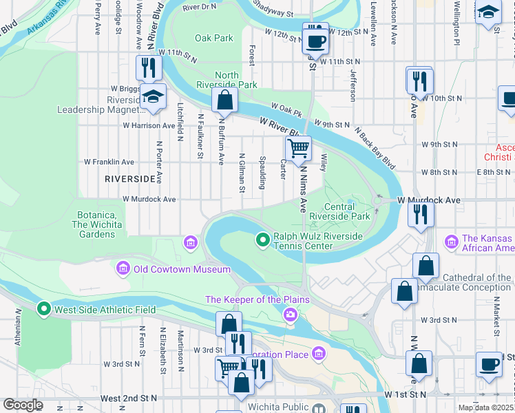 map of restaurants, bars, coffee shops, grocery stores, and more near North Spaulding Avenue in Wichita