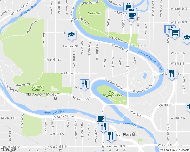 map of restaurants, bars, coffee shops, grocery stores, and more near 1312 West Stackman Drive in Wichita