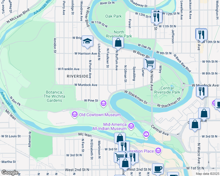 map of restaurants, bars, coffee shops, grocery stores, and more near 1312 West Stackman Drive in Wichita