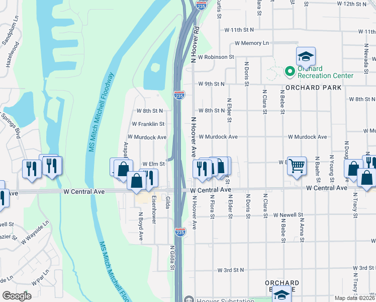 map of restaurants, bars, coffee shops, grocery stores, and more near 731 North Hoover Road in Wichita