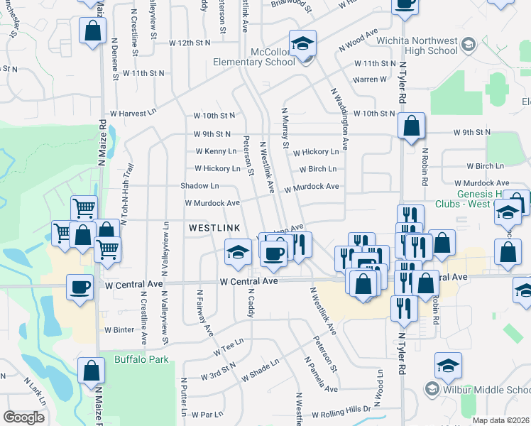 map of restaurants, bars, coffee shops, grocery stores, and more near 801 North Westlink Avenue in Wichita