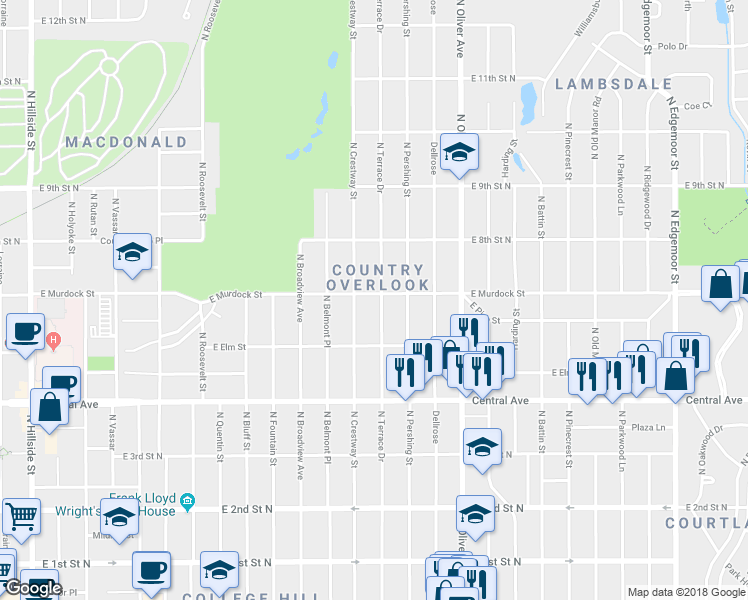 map of restaurants, bars, coffee shops, grocery stores, and more near 655 North Terrace Drive in Wichita