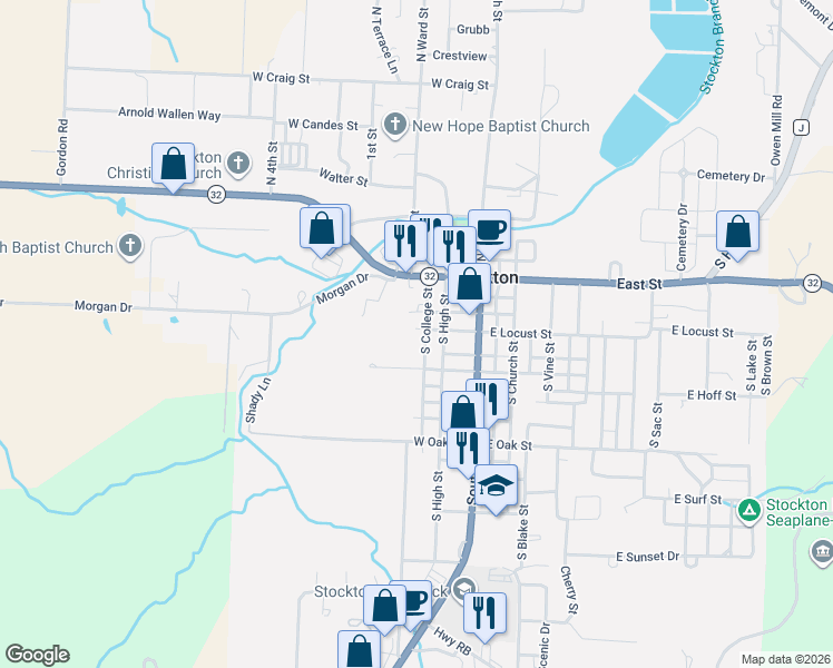 map of restaurants, bars, coffee shops, grocery stores, and more near 300-450 South College Street in Stockton