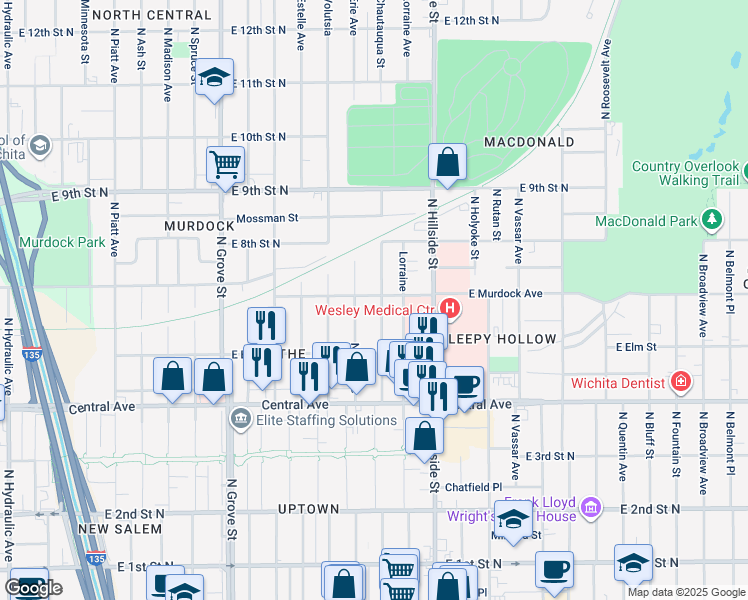 map of restaurants, bars, coffee shops, grocery stores, and more near 638 North Erie Street in Wichita
