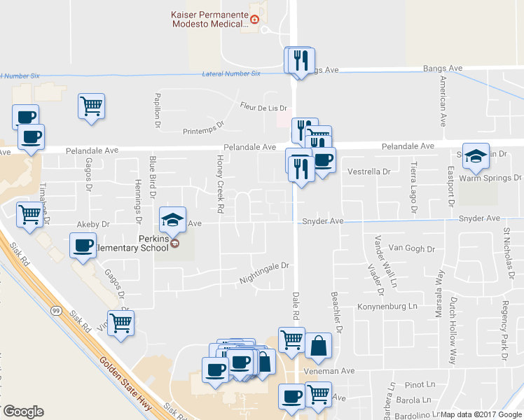 map of restaurants, bars, coffee shops, grocery stores, and more near 4006 Elmo Loop in Modesto