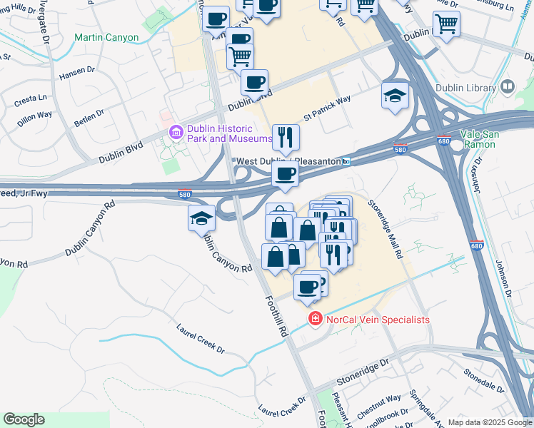 map of restaurants, bars, coffee shops, grocery stores, and more near 5918 Stoneridge Mall Road in Pleasanton