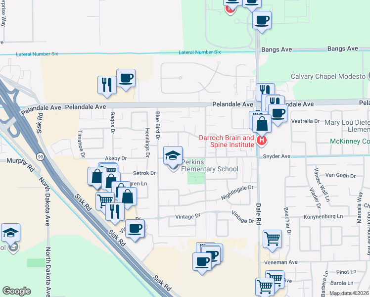 map of restaurants, bars, coffee shops, grocery stores, and more near 4005 Bridal Veil Court in Modesto