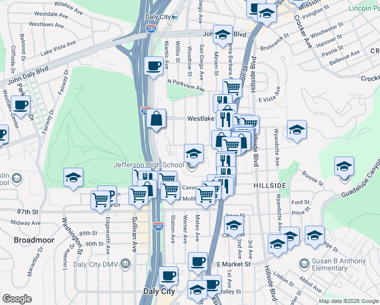 map of restaurants, bars, coffee shops, grocery stores, and more near 499 Willits Street in Daly City