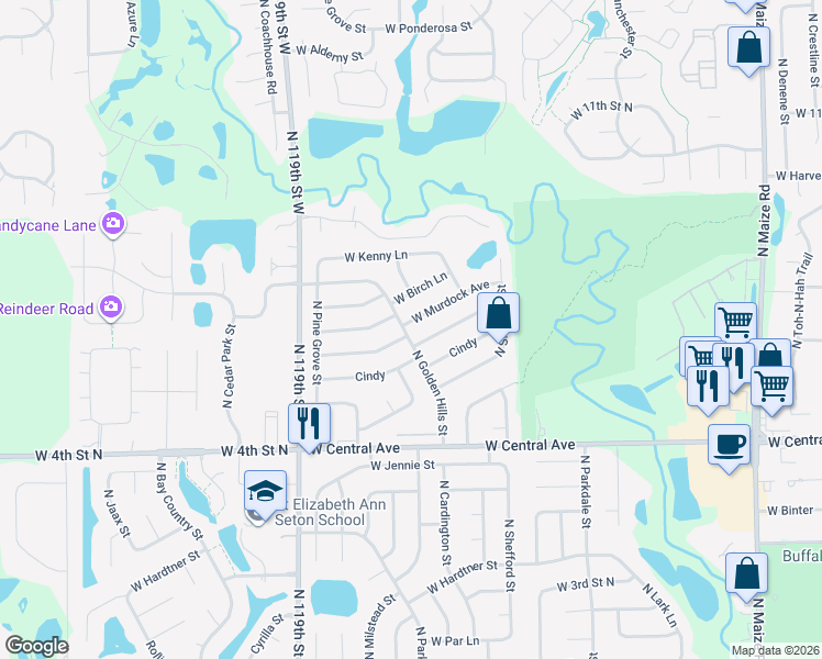 map of restaurants, bars, coffee shops, grocery stores, and more near 820-848 North Golden Hills Street in Wichita