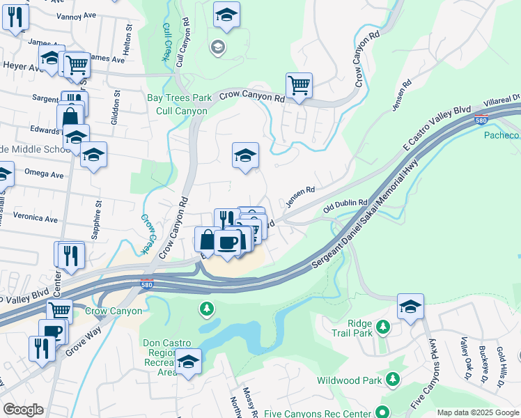 map of restaurants, bars, coffee shops, grocery stores, and more near 21798 Independent School Road in Castro Valley
