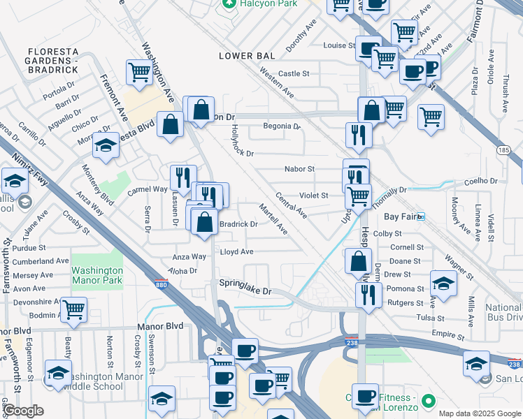 map of restaurants, bars, coffee shops, grocery stores, and more near 14765 Martell Avenue in San Leandro