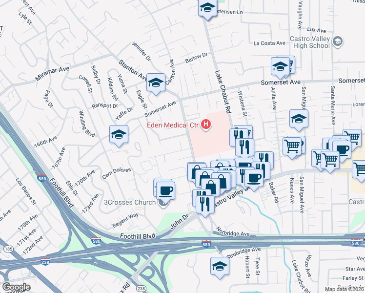 map of restaurants, bars, coffee shops, grocery stores, and more near 2598 La Don Court in Castro Valley